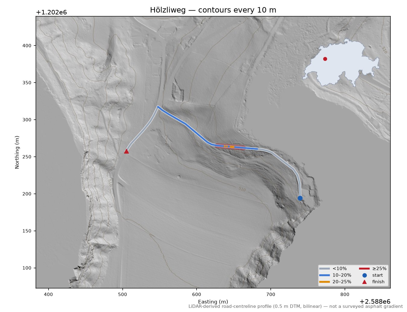 Hölzliweg LiDAR hillshade map with contours