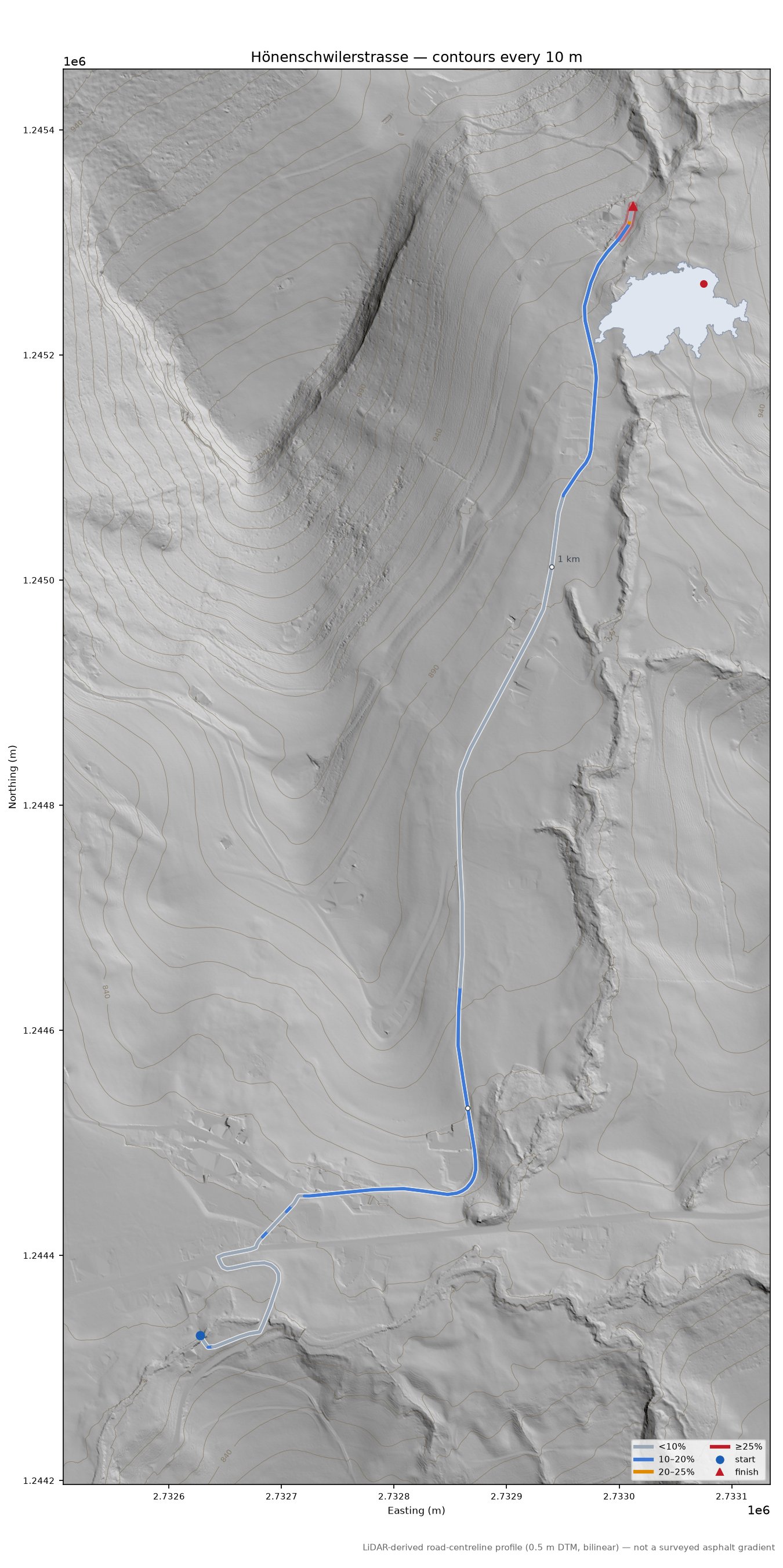 Hönenschwilerstrasse LiDAR hillshade map with contours