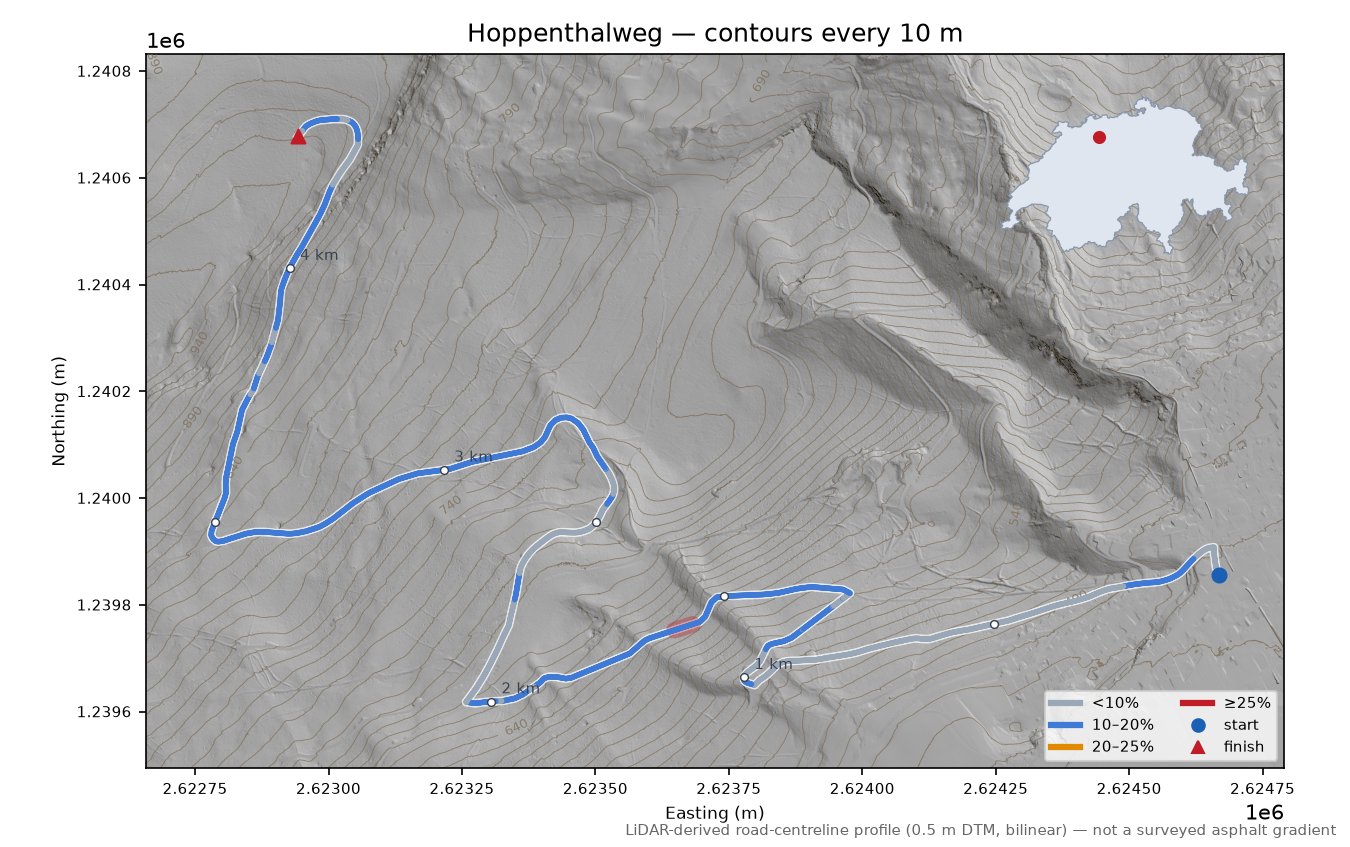 Hoppenthalweg LiDAR hillshade map with contours