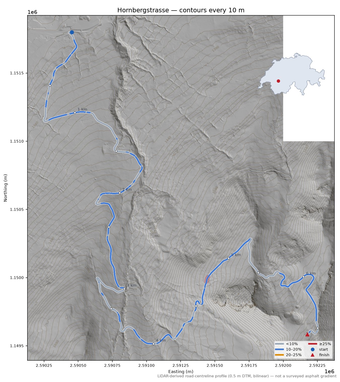 Hornbergstrasse LiDAR hillshade map with contours