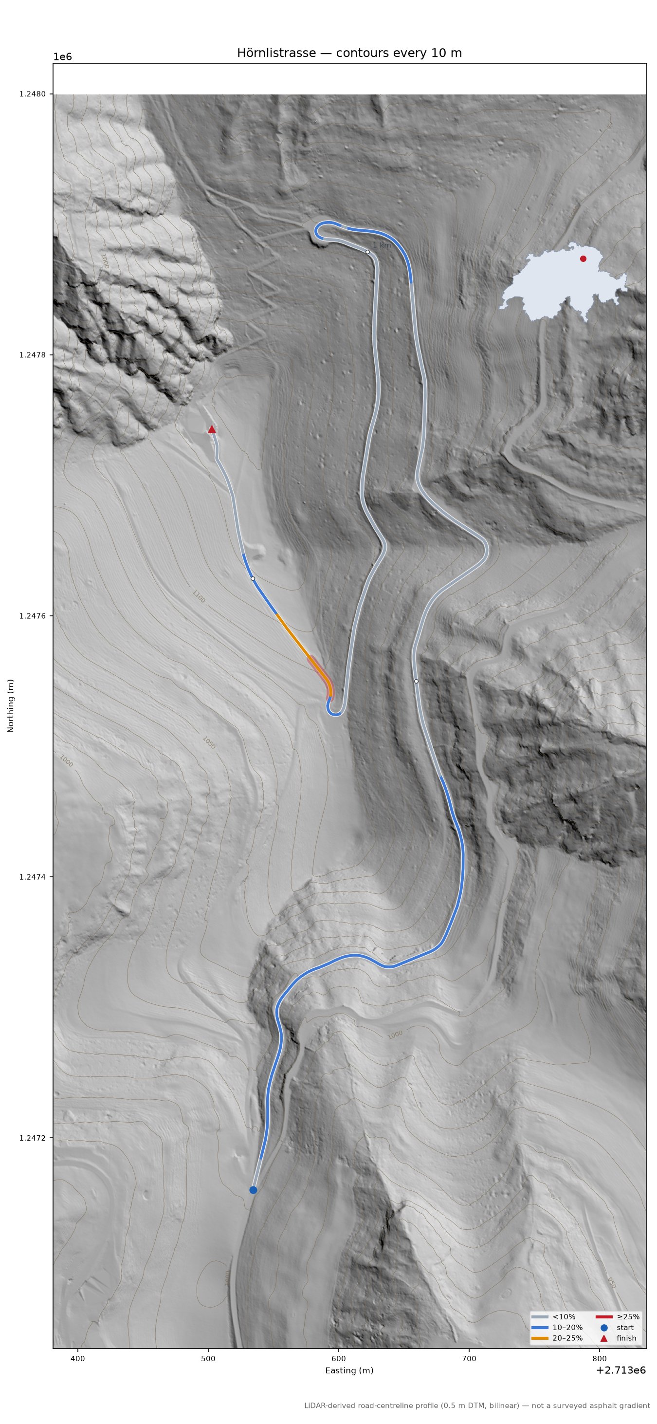 Hörnlistrasse LiDAR hillshade map with contours