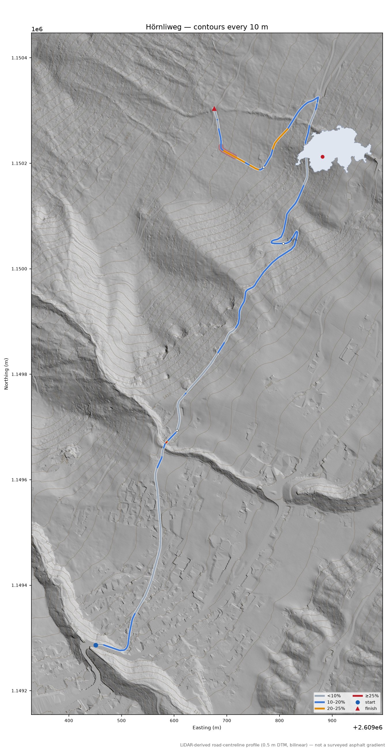 Hörnliweg LiDAR hillshade map with contours