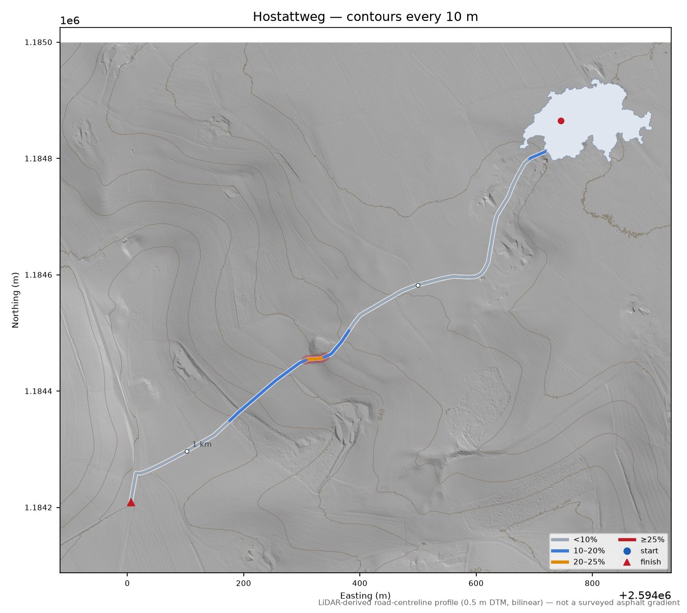Hostattweg LiDAR hillshade map with contours