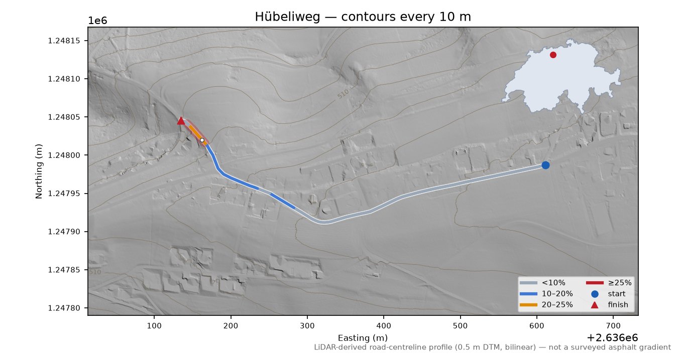 Hübeliweg LiDAR hillshade map with contours