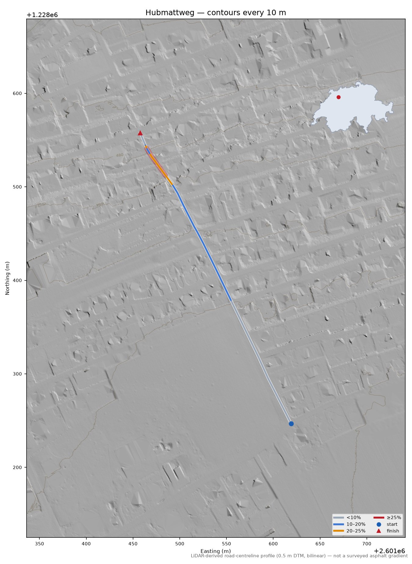 Hubmattweg LiDAR hillshade map with contours