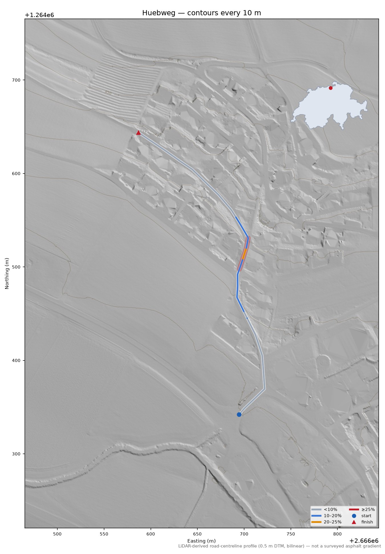 Huebweg LiDAR hillshade map with contours