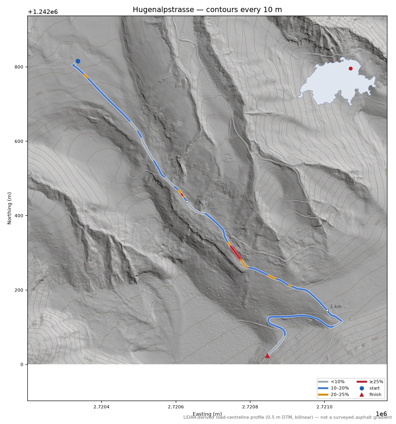 Hugenalpstrasse LiDAR hillshade map with contours