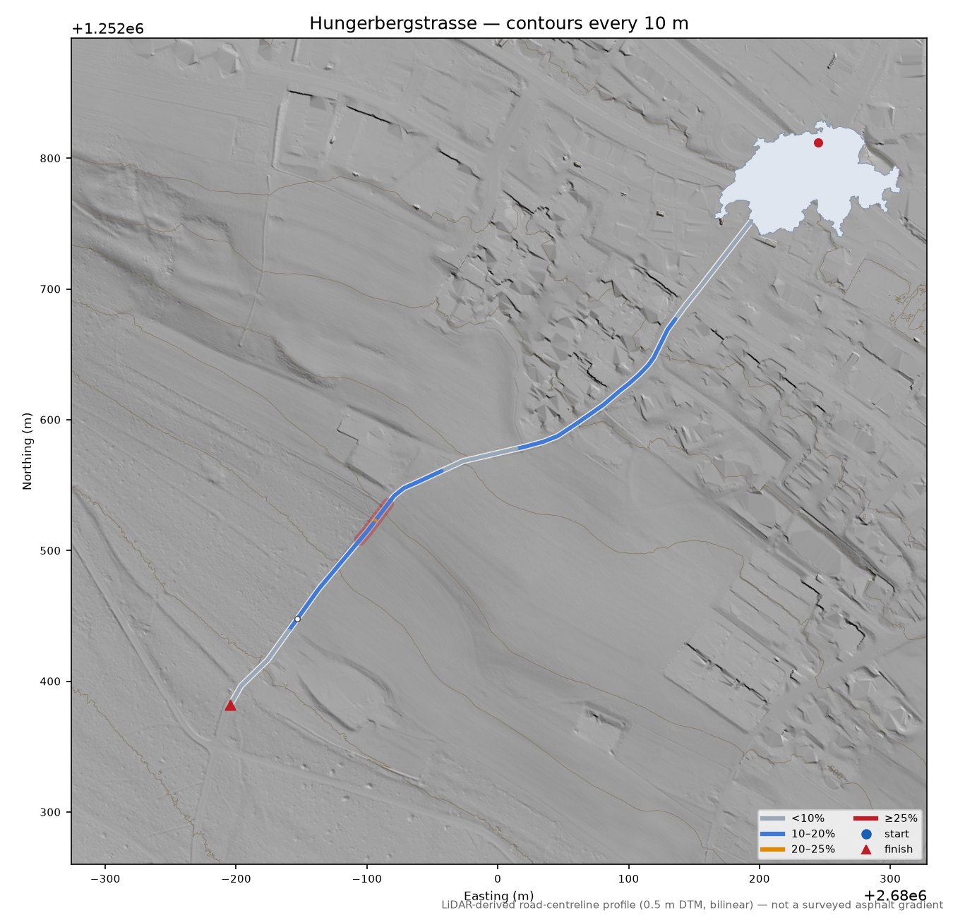 Hungerbergstrasse LiDAR hillshade map with contours