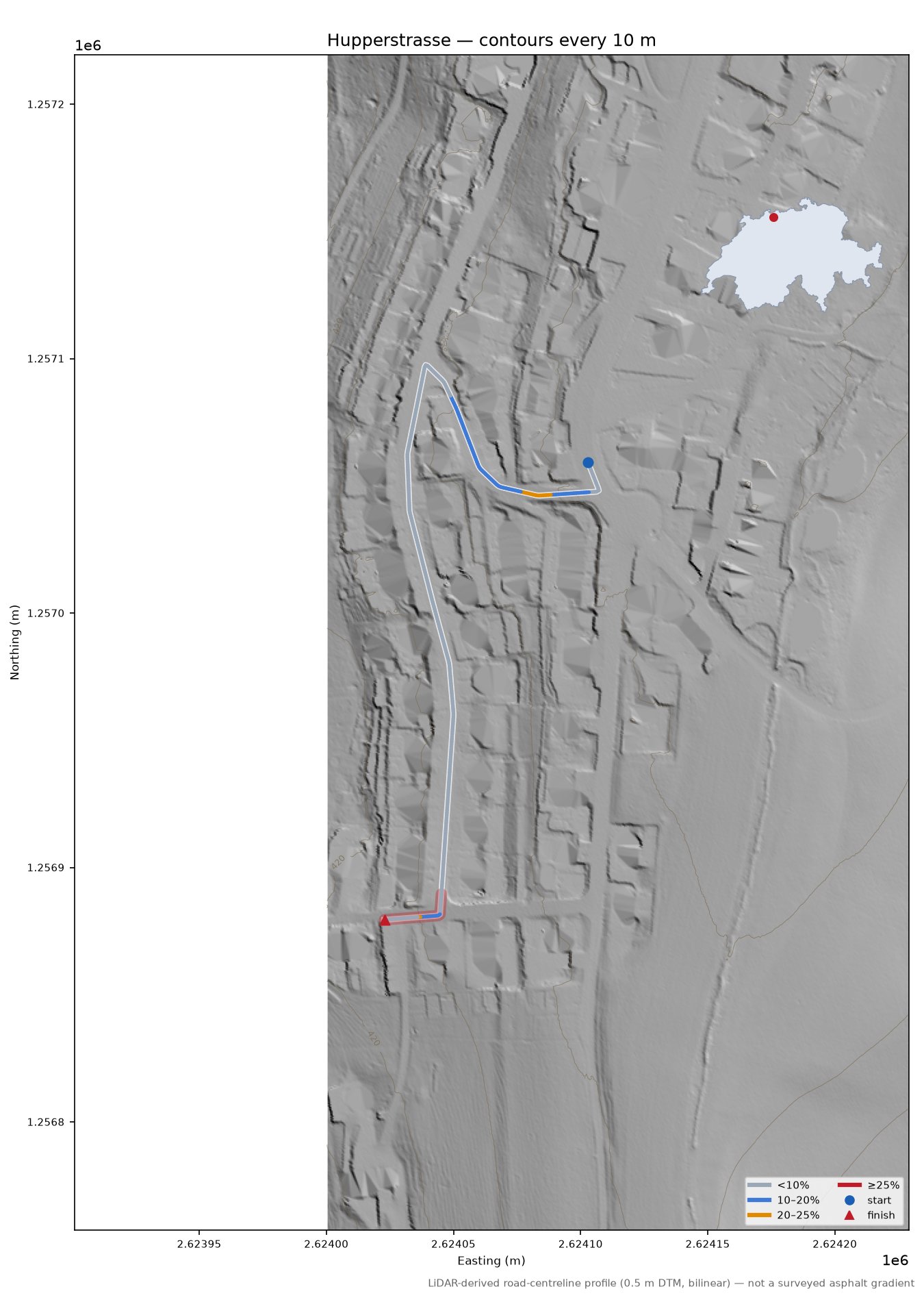 Hupperstrasse LiDAR hillshade map with contours