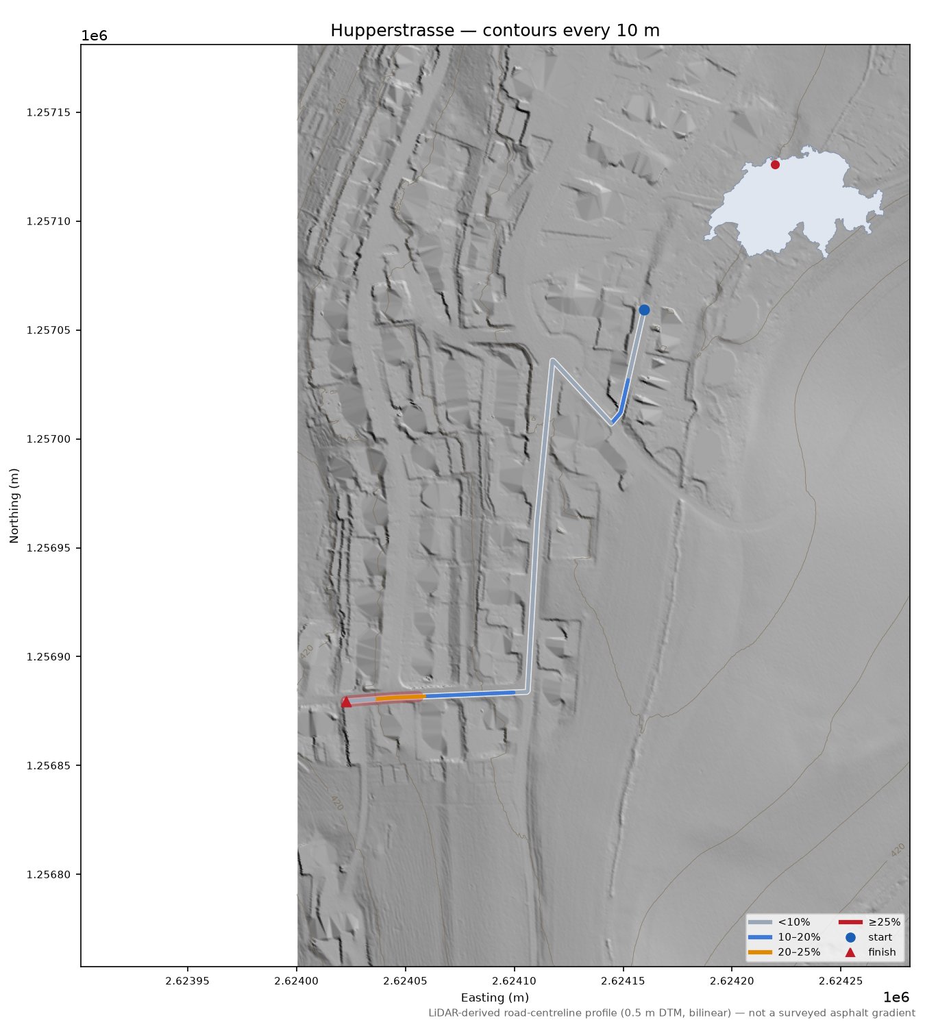 Hupperstrasse LiDAR hillshade map with contours