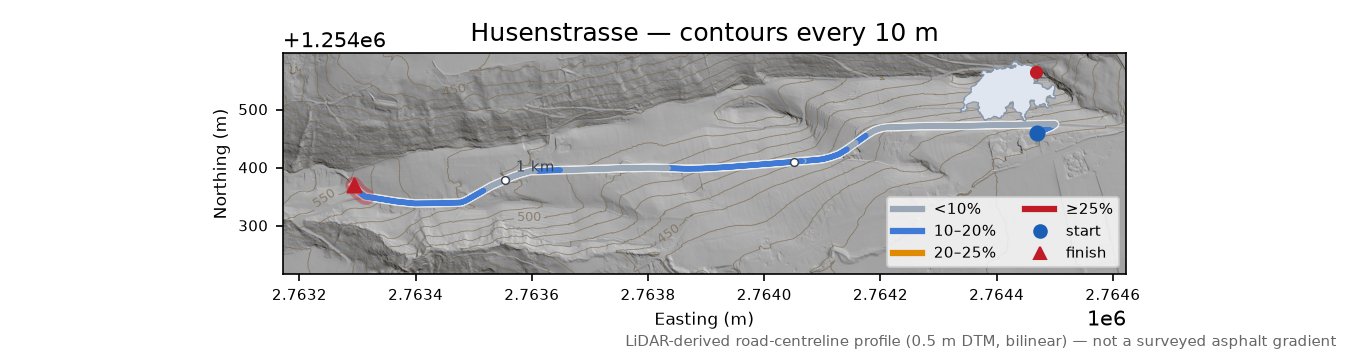 Husenstrasse LiDAR hillshade map with contours