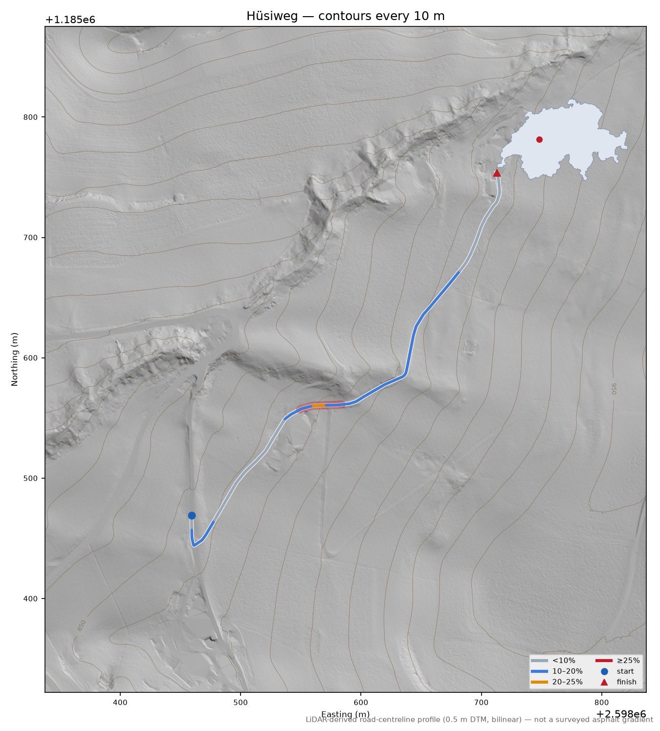 Hüsiweg LiDAR hillshade map with contours