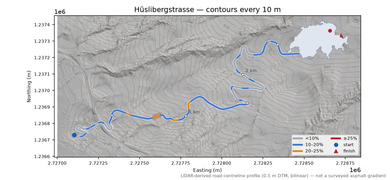 Hüslibergstrasse LiDAR hillshade map with contours