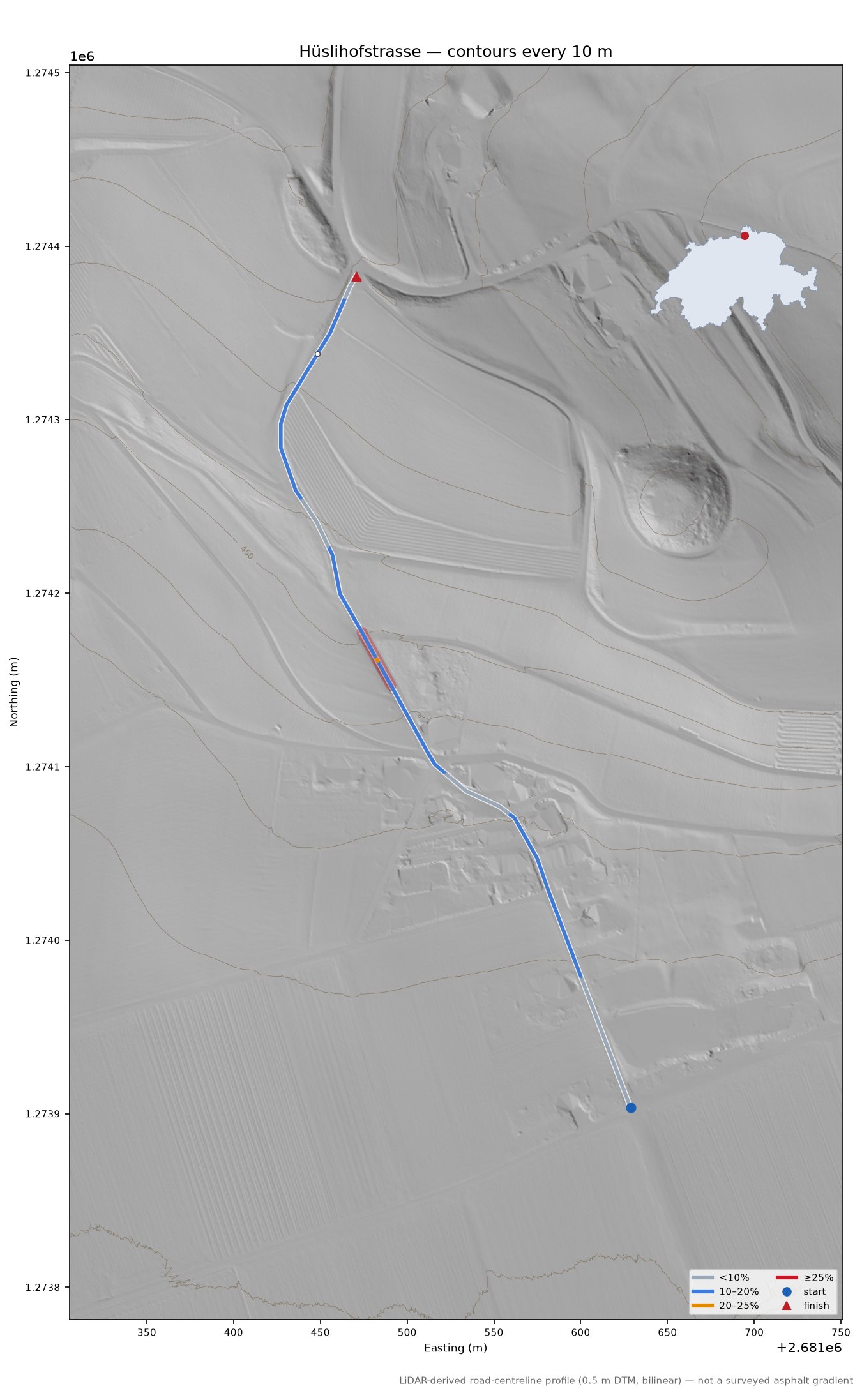 Hüslihofstrasse LiDAR hillshade map with contours