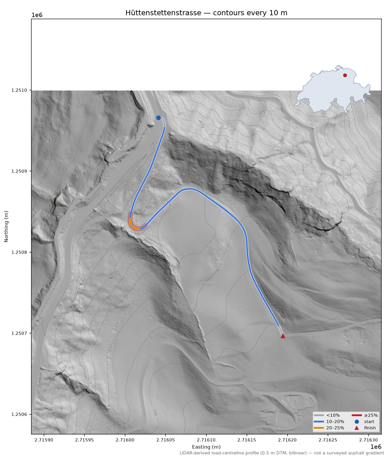Hüttenstettenstrasse LiDAR hillshade map with contours