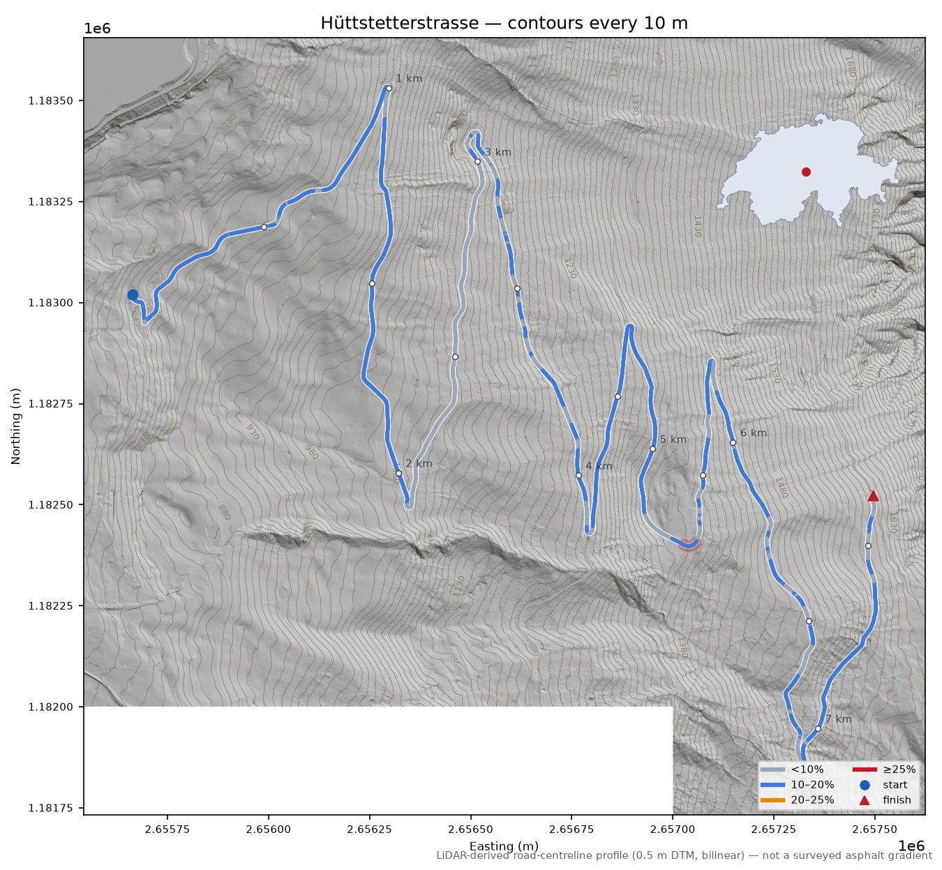 Hüttstetterstrasse LiDAR hillshade map with contours