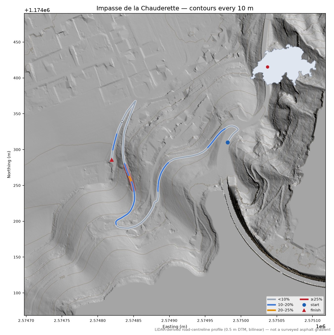 Impasse de la Chauderette LiDAR hillshade map with contours