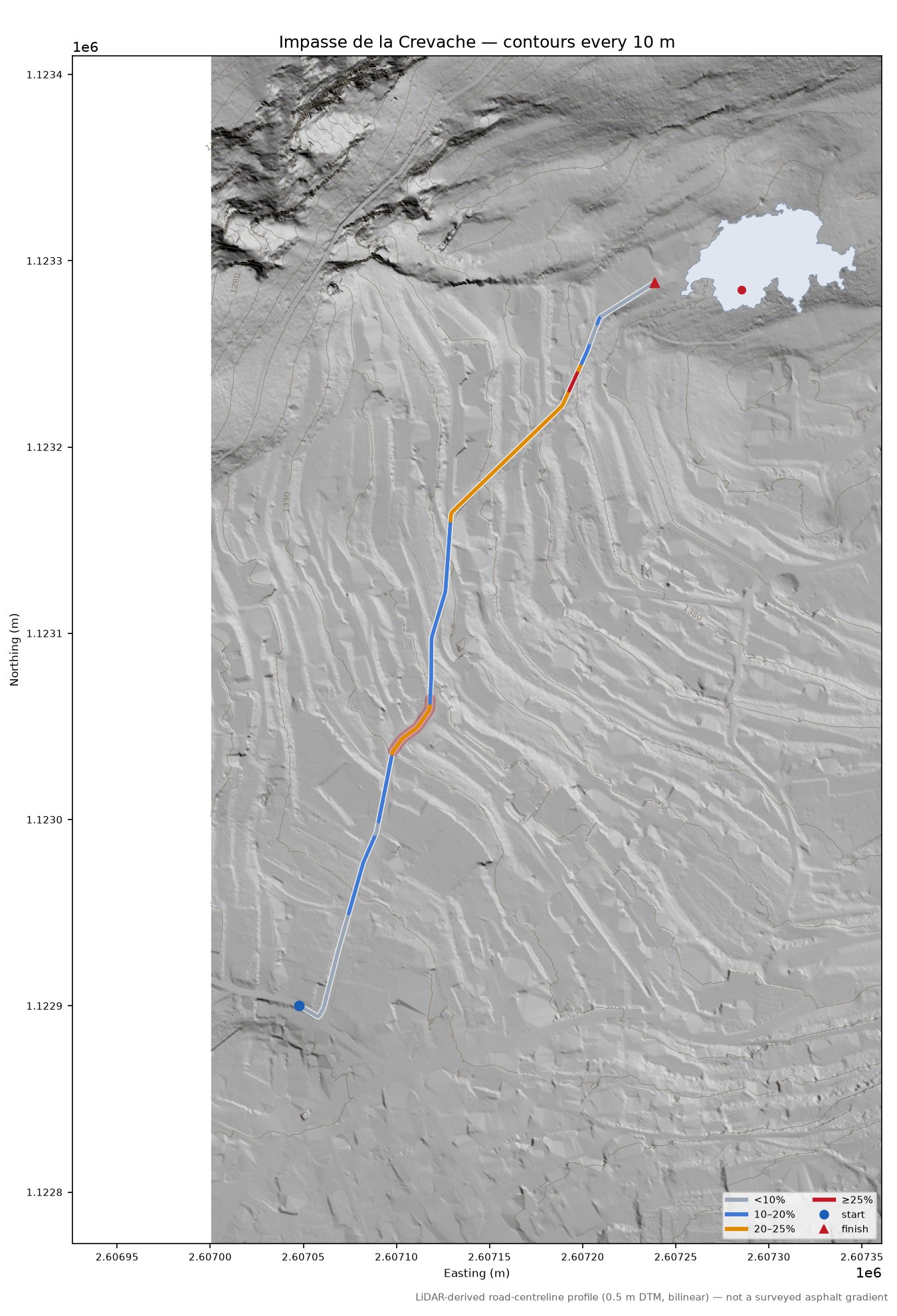 Impasse de la Crevache LiDAR hillshade map with contours