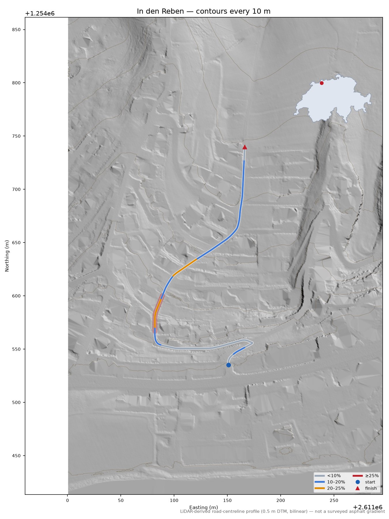 In den Reben LiDAR hillshade map with contours