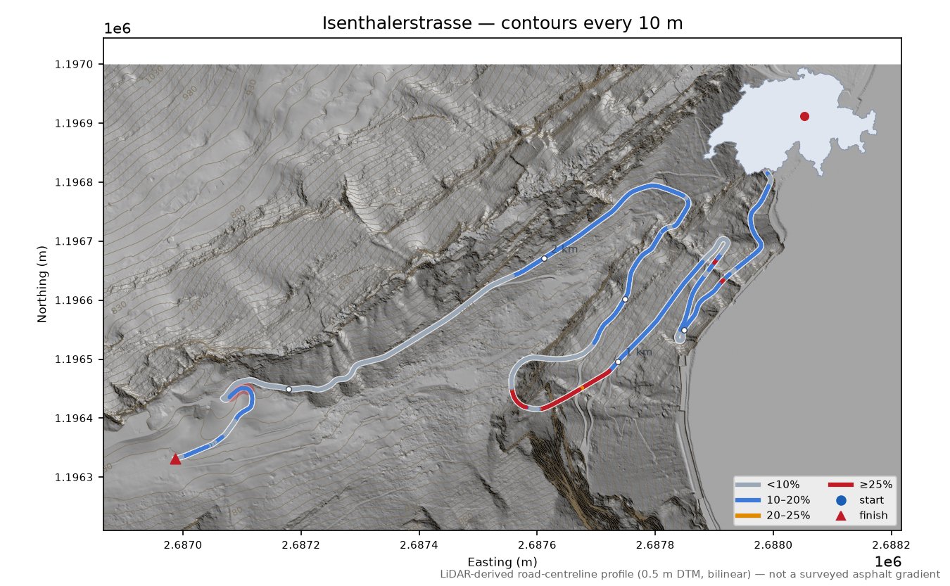 Isenthalerstrasse LiDAR hillshade map with contours