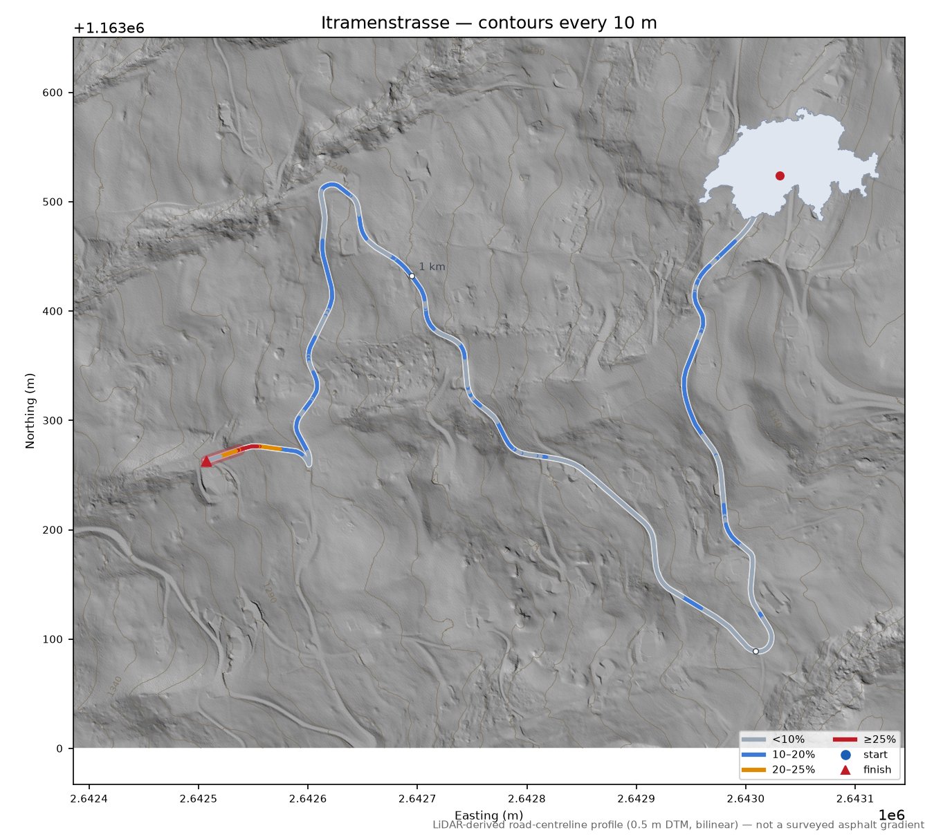Itramenstrasse LiDAR hillshade map with contours