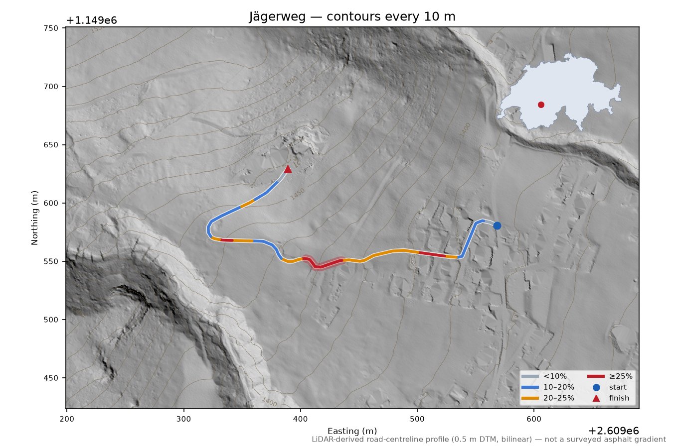 Jägerweg LiDAR hillshade map with contours