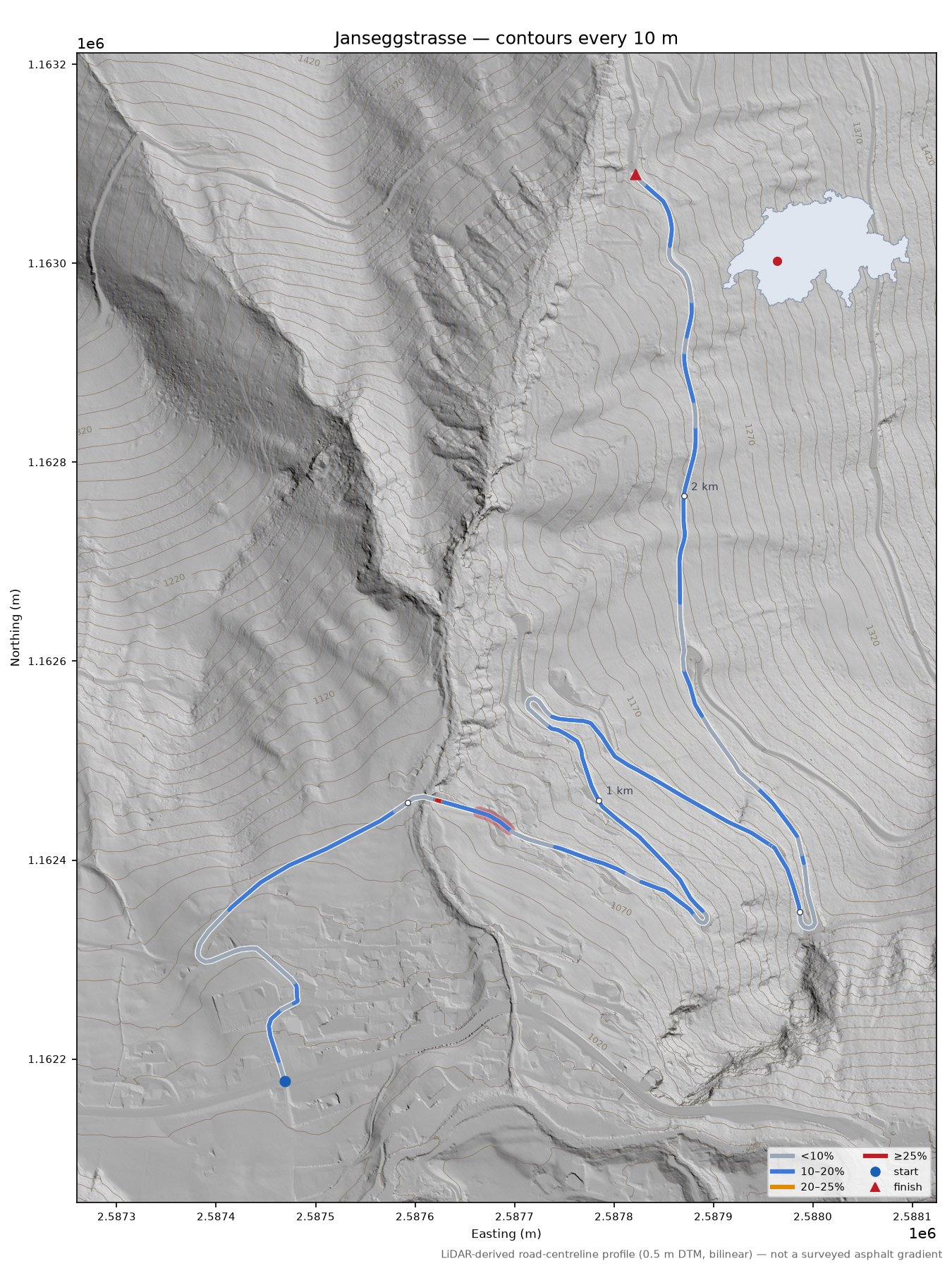 Janseggstrasse LiDAR hillshade map with contours