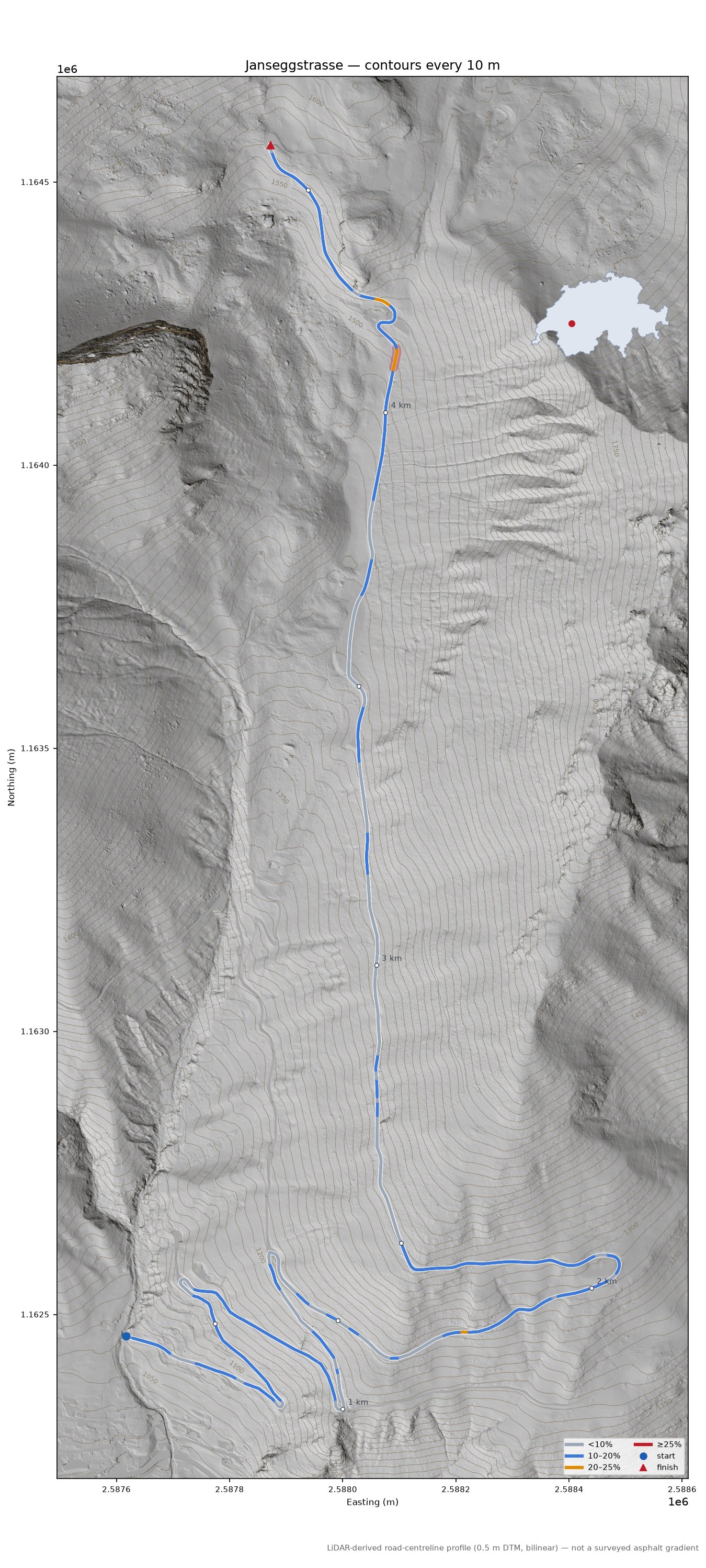 Janseggstrasse LiDAR hillshade map with contours