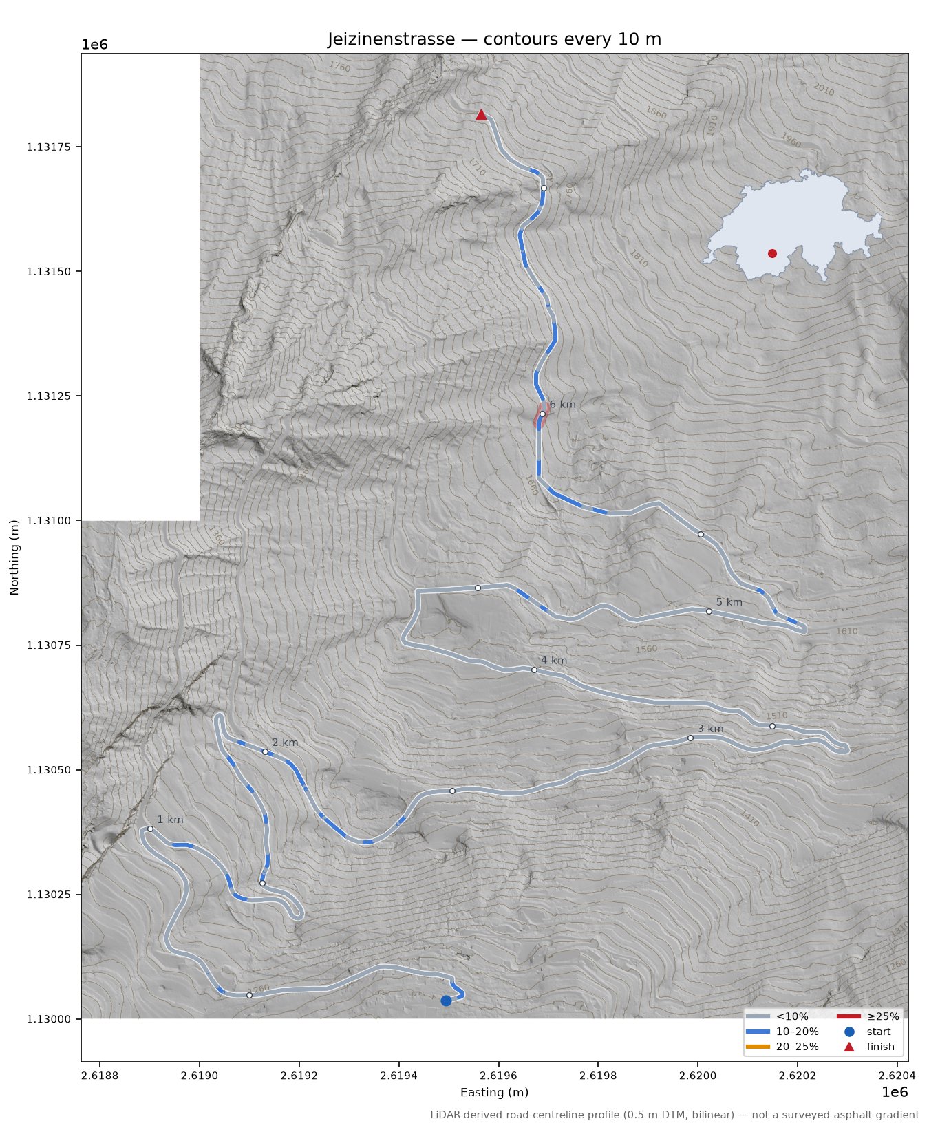 Jeizinenstrasse LiDAR hillshade map with contours