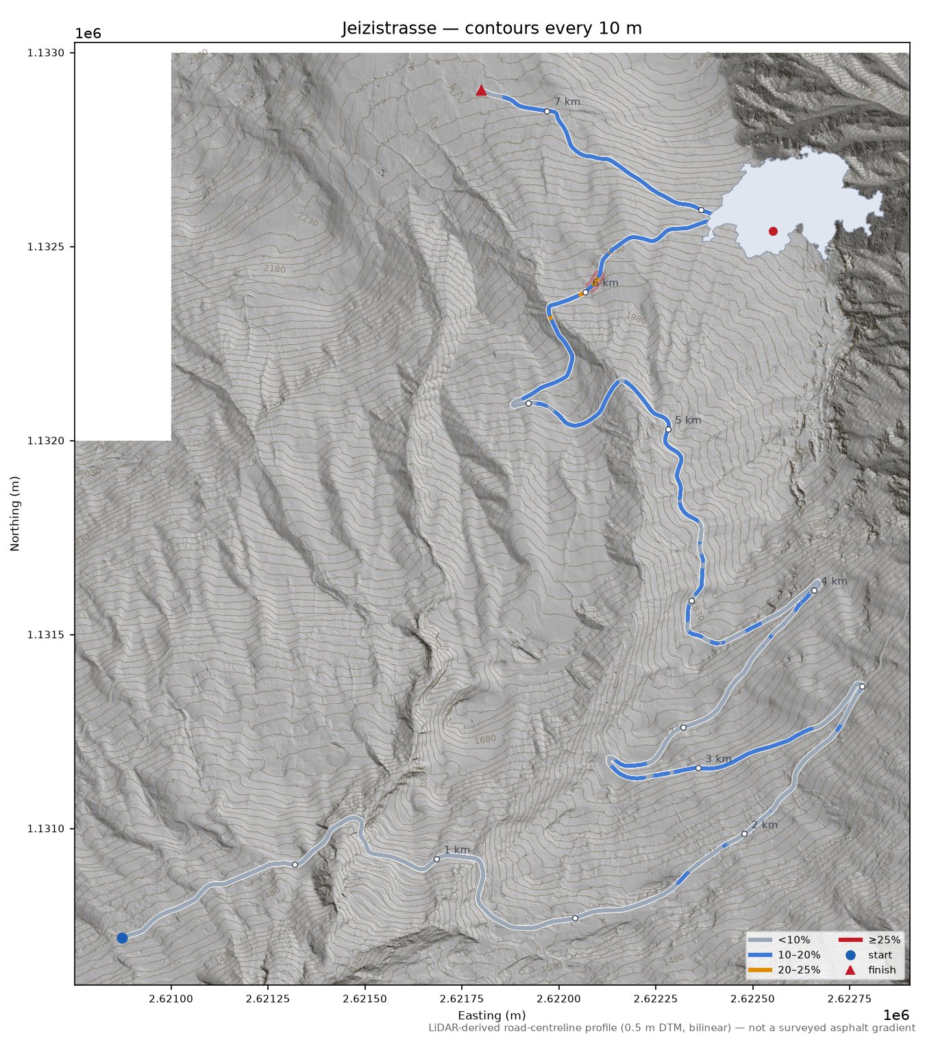 Jeizistrasse LiDAR hillshade map with contours