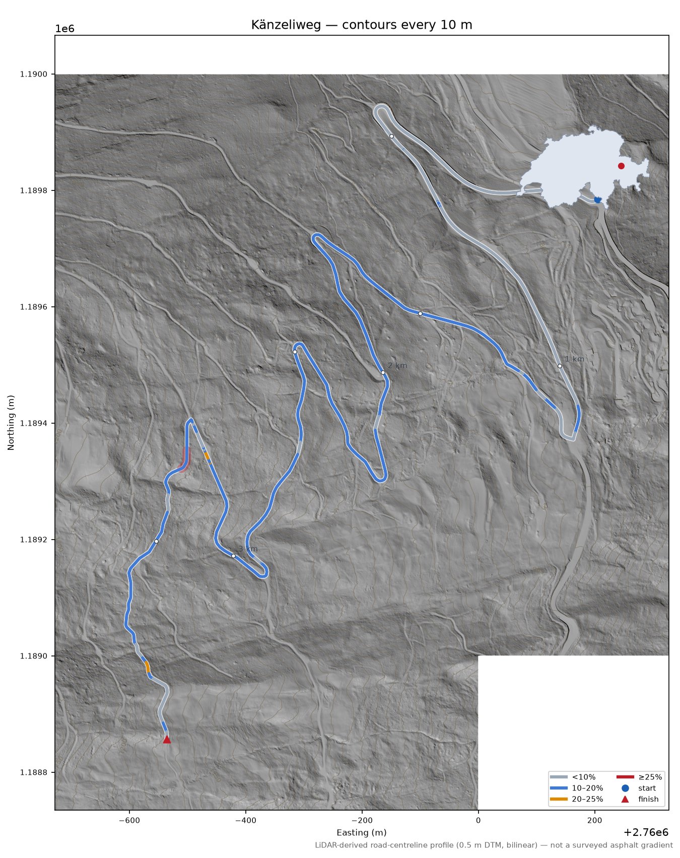 Känzeliweg LiDAR hillshade map with contours