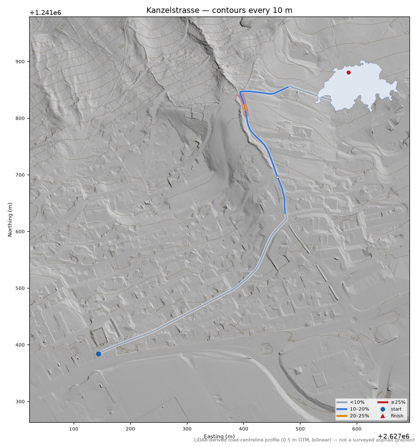 Kanzelstrasse LiDAR hillshade map with contours