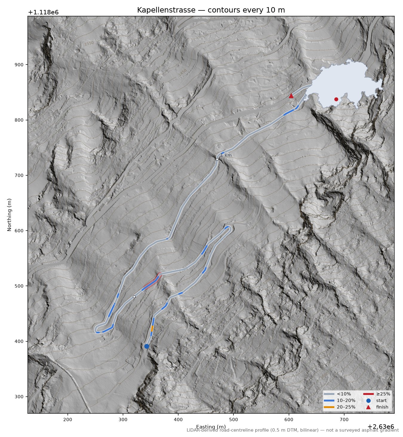 Kapellenstrasse LiDAR hillshade map with contours