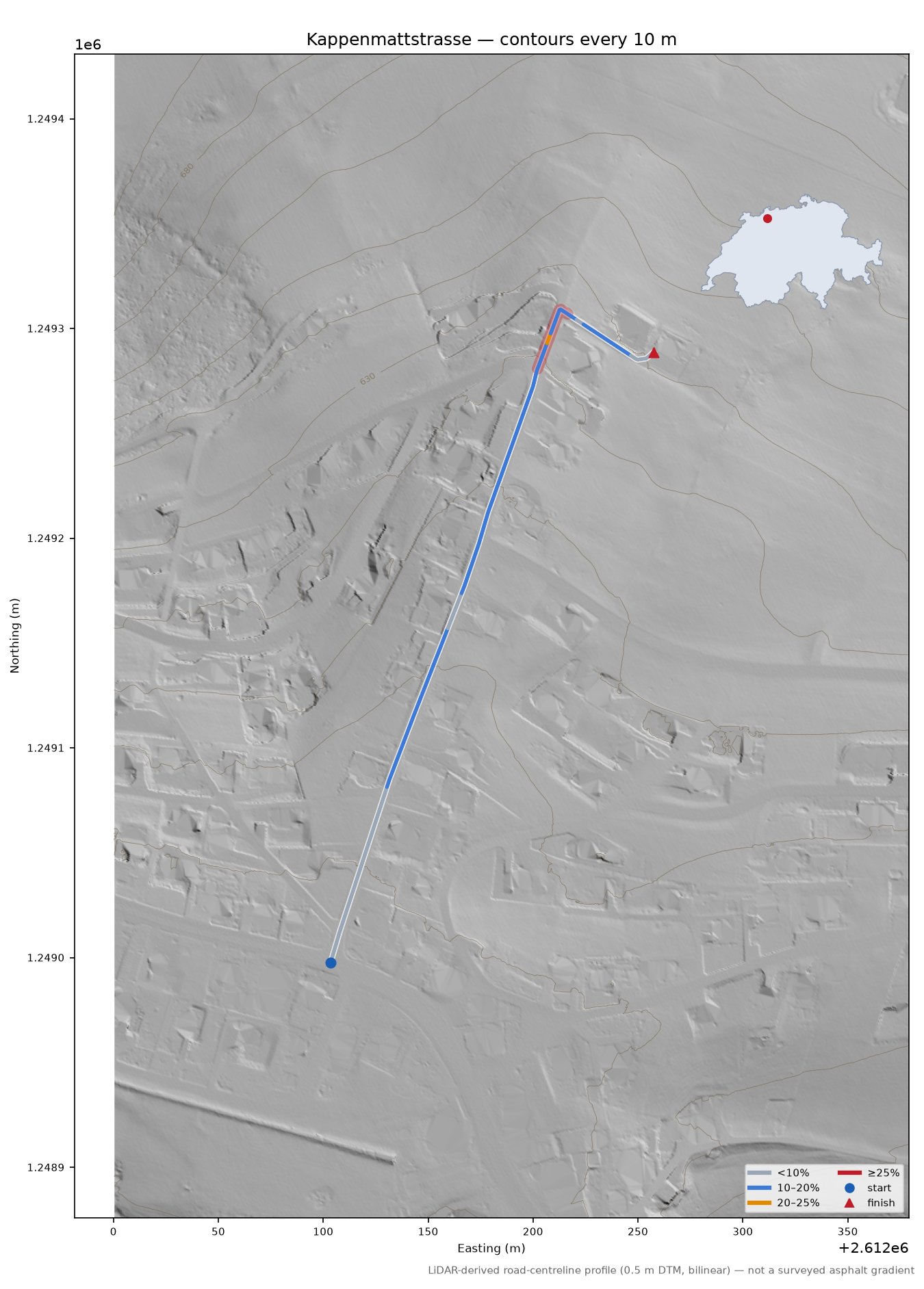 Kappenmattstrasse LiDAR hillshade map with contours