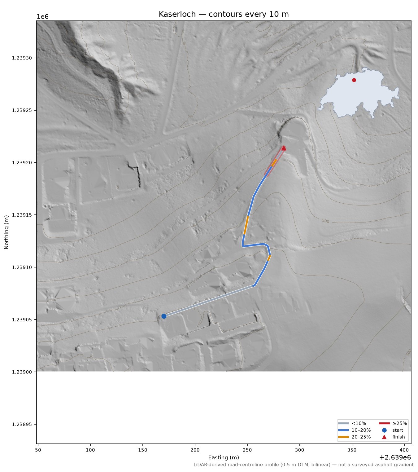 Kaserloch LiDAR hillshade map with contours