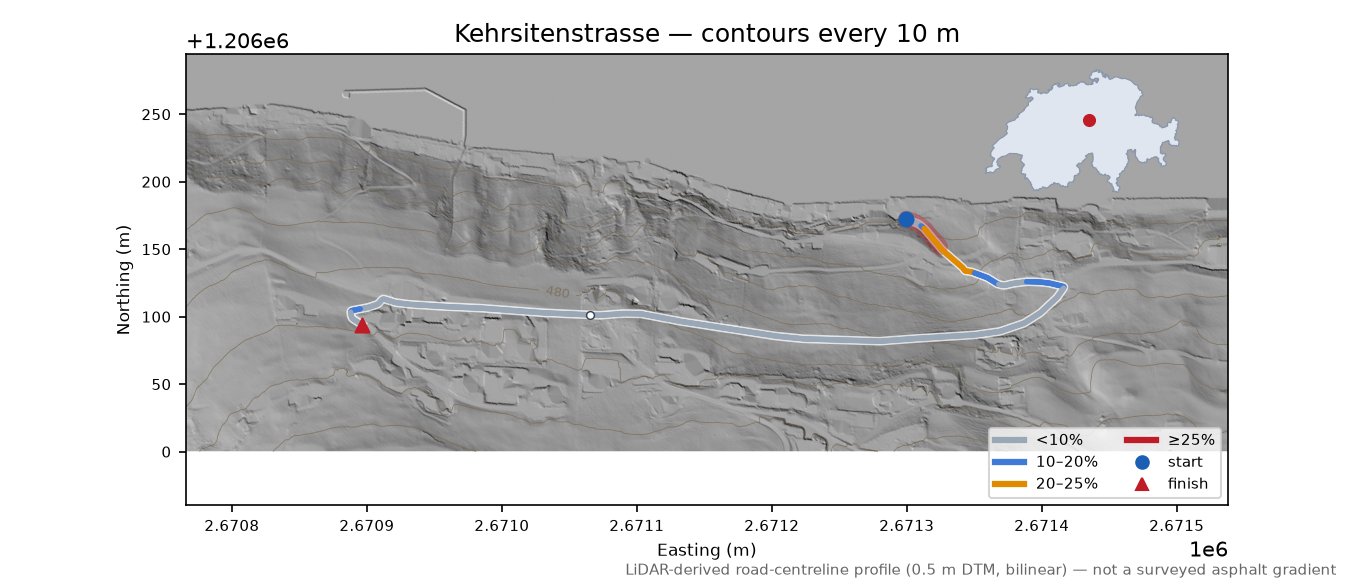 Kehrsitenstrasse LiDAR hillshade map with contours