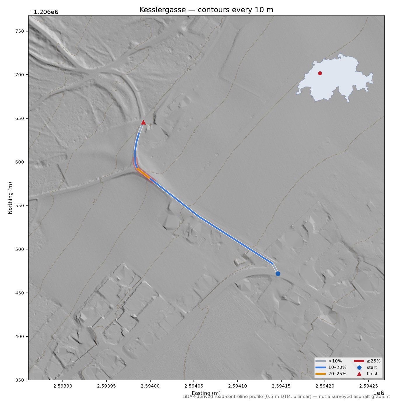 Kesslergasse LiDAR hillshade map with contours