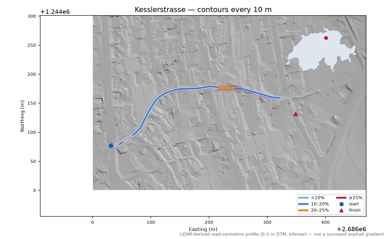 Kesslerstrasse LiDAR hillshade map with contours