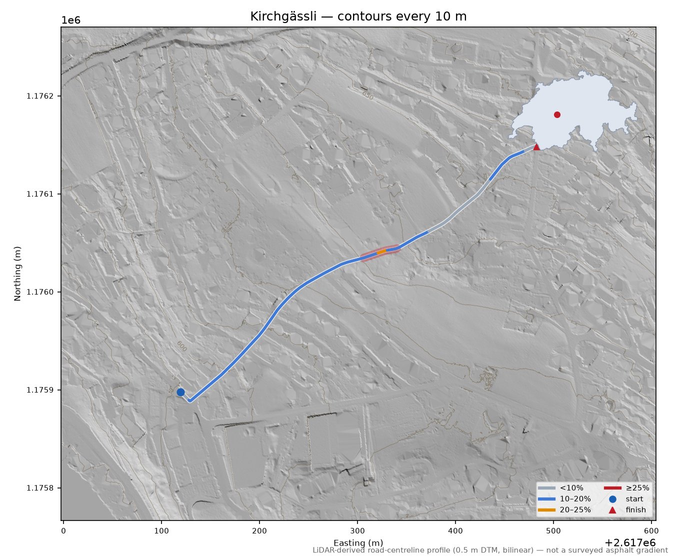 Kirchgässli LiDAR hillshade map with contours