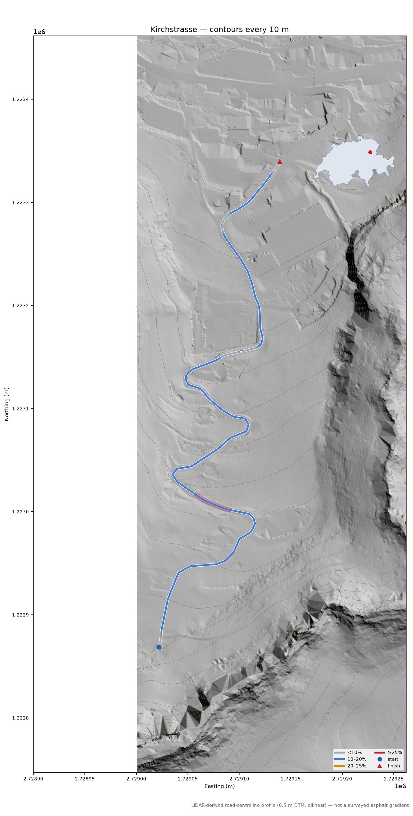 Kirchstrasse LiDAR hillshade map with contours