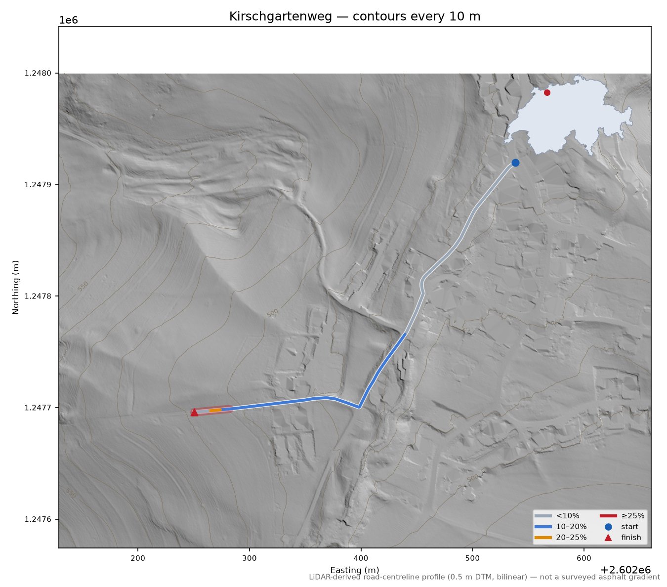 Kirschgartenweg LiDAR hillshade map with contours