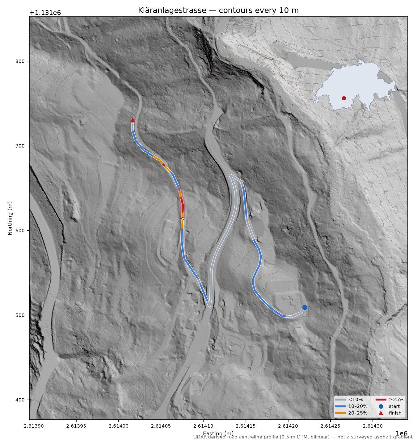 Kläranlagestrasse LiDAR hillshade map with contours
