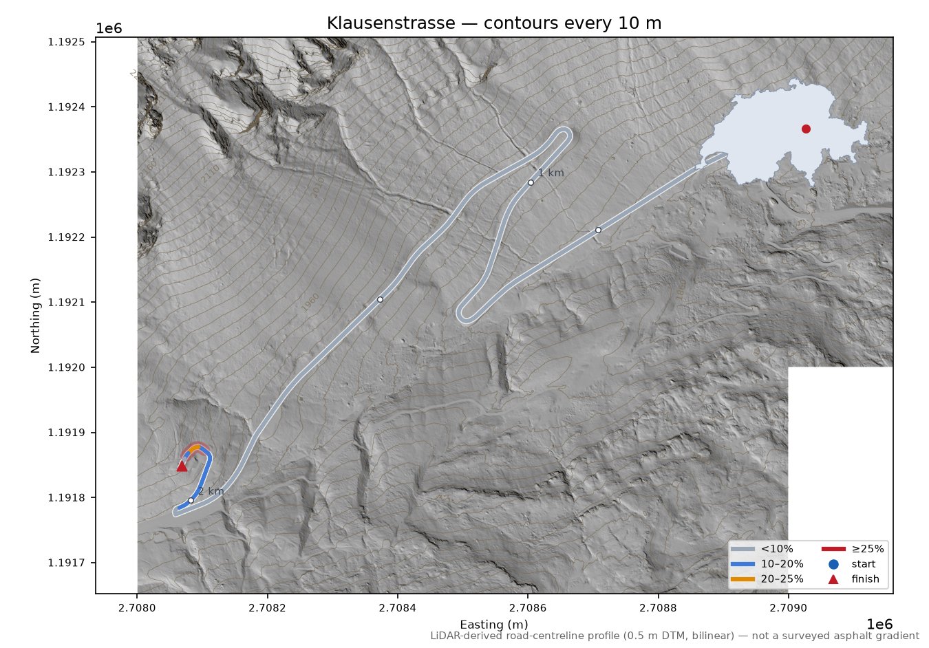 Klausenstrasse LiDAR hillshade map with contours