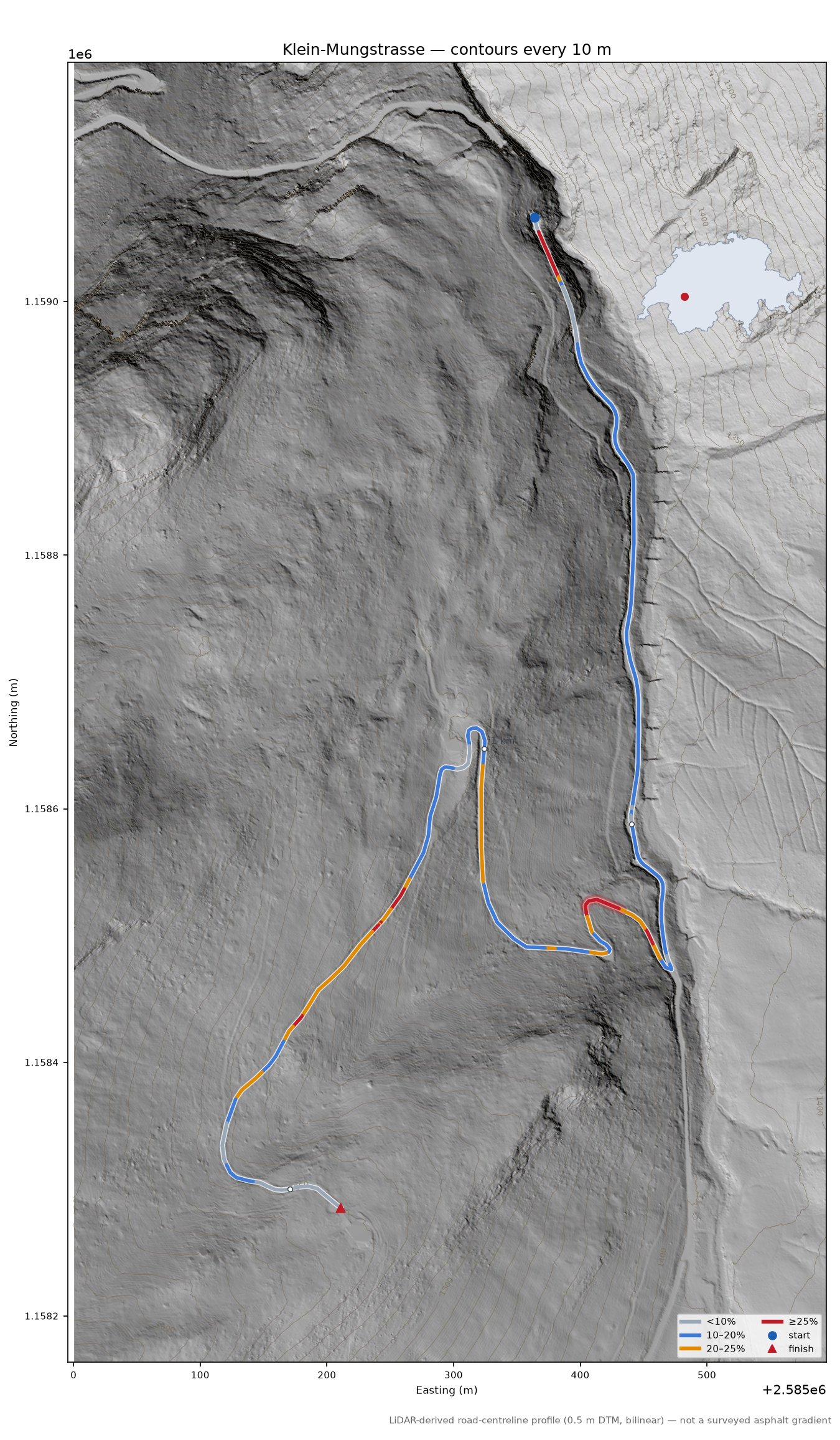 Klein-Mungstrasse LiDAR hillshade map with contours
