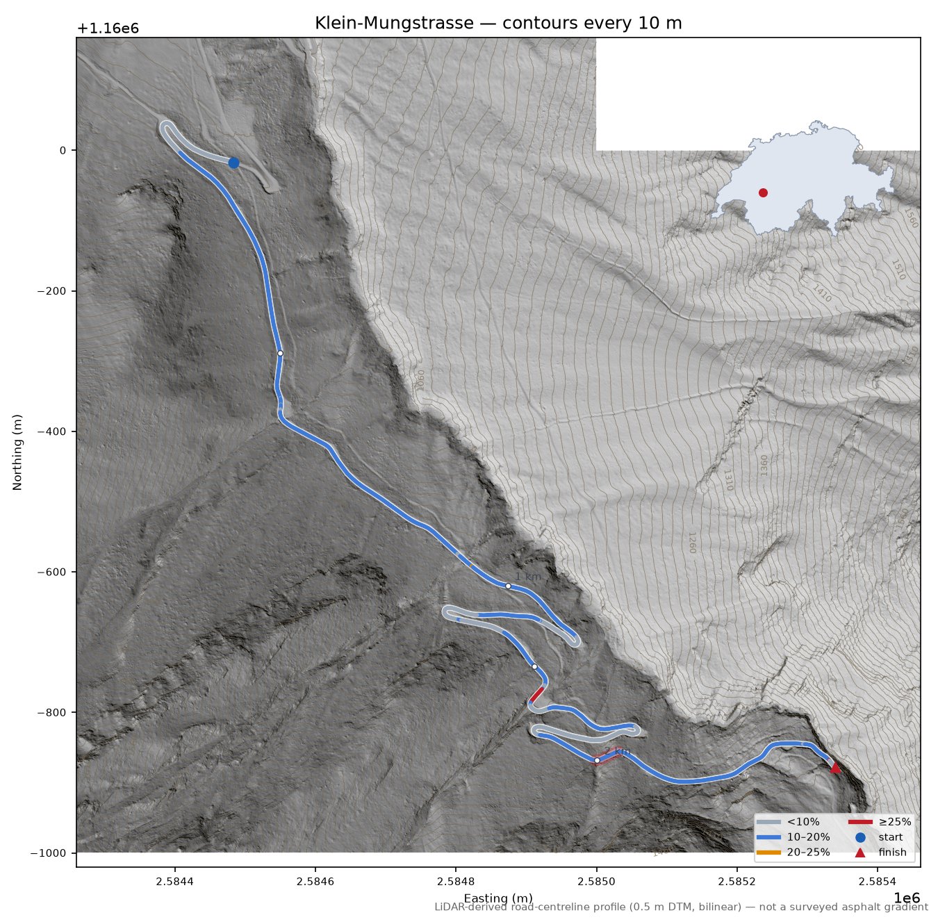 Klein-Mungstrasse LiDAR hillshade map with contours