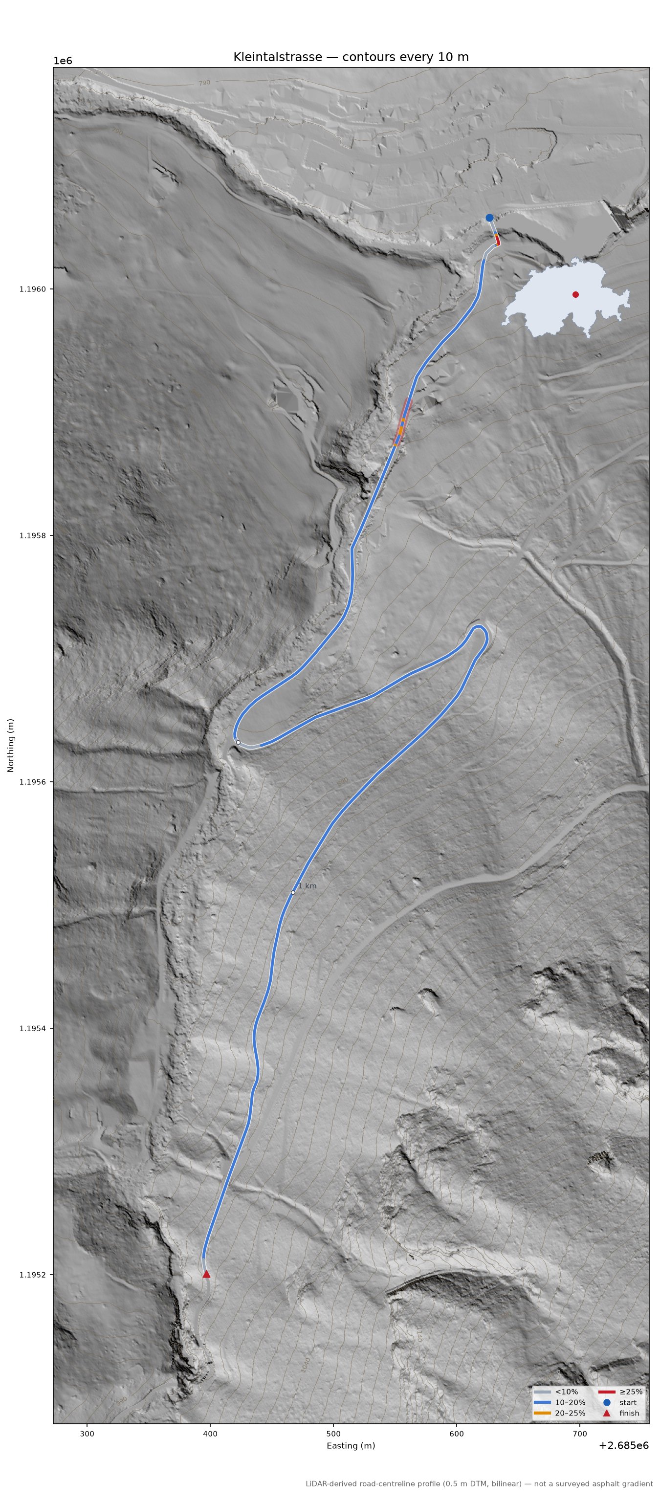Kleintalstrasse LiDAR hillshade map with contours