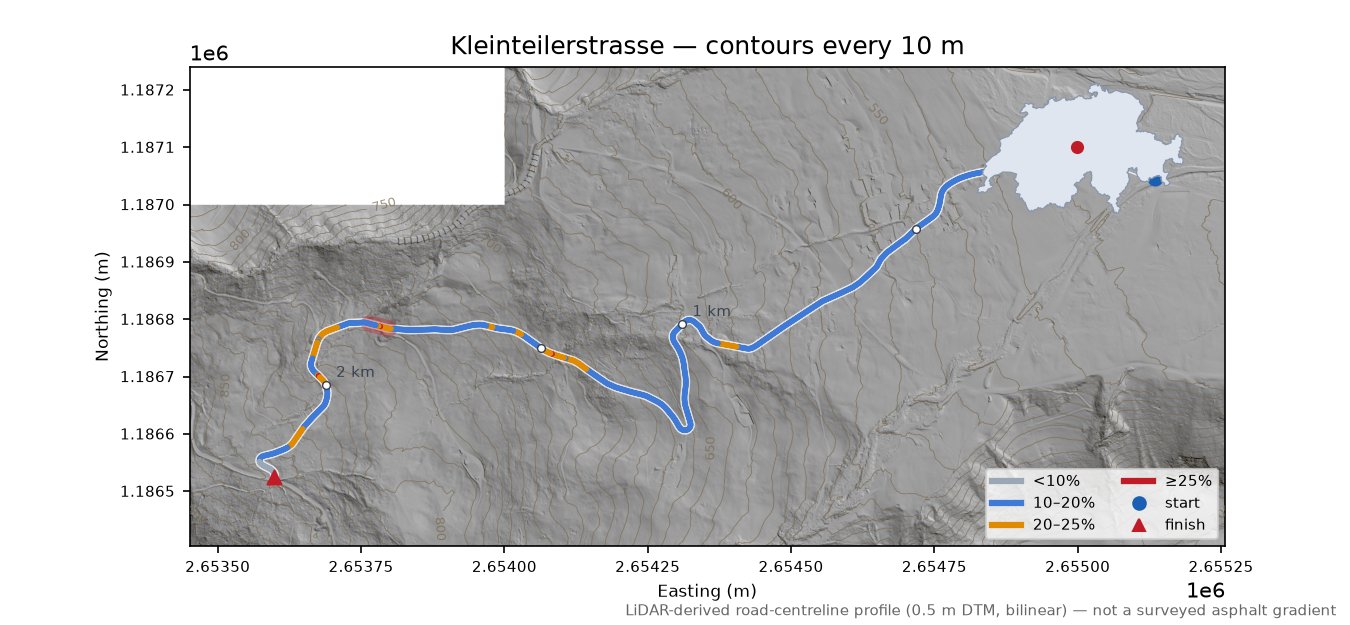 Kleinteilerstrasse LiDAR hillshade map with contours