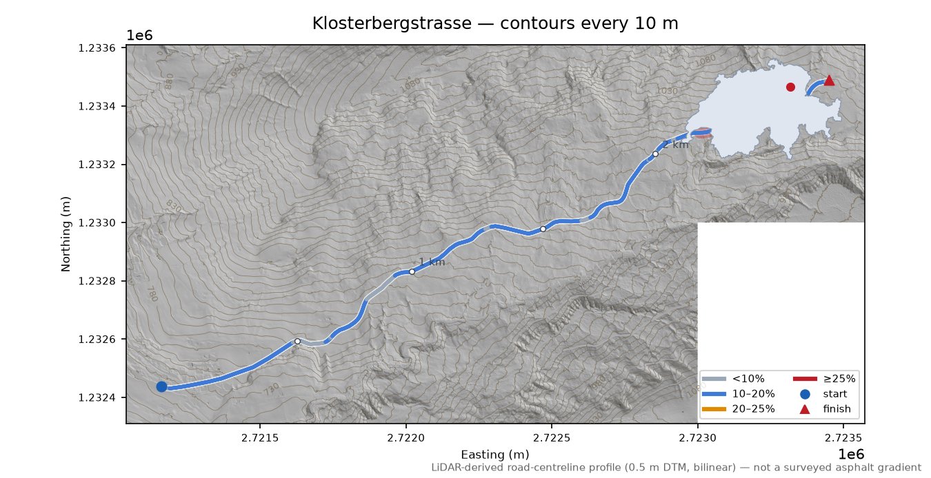 Klosterbergstrasse LiDAR hillshade map with contours