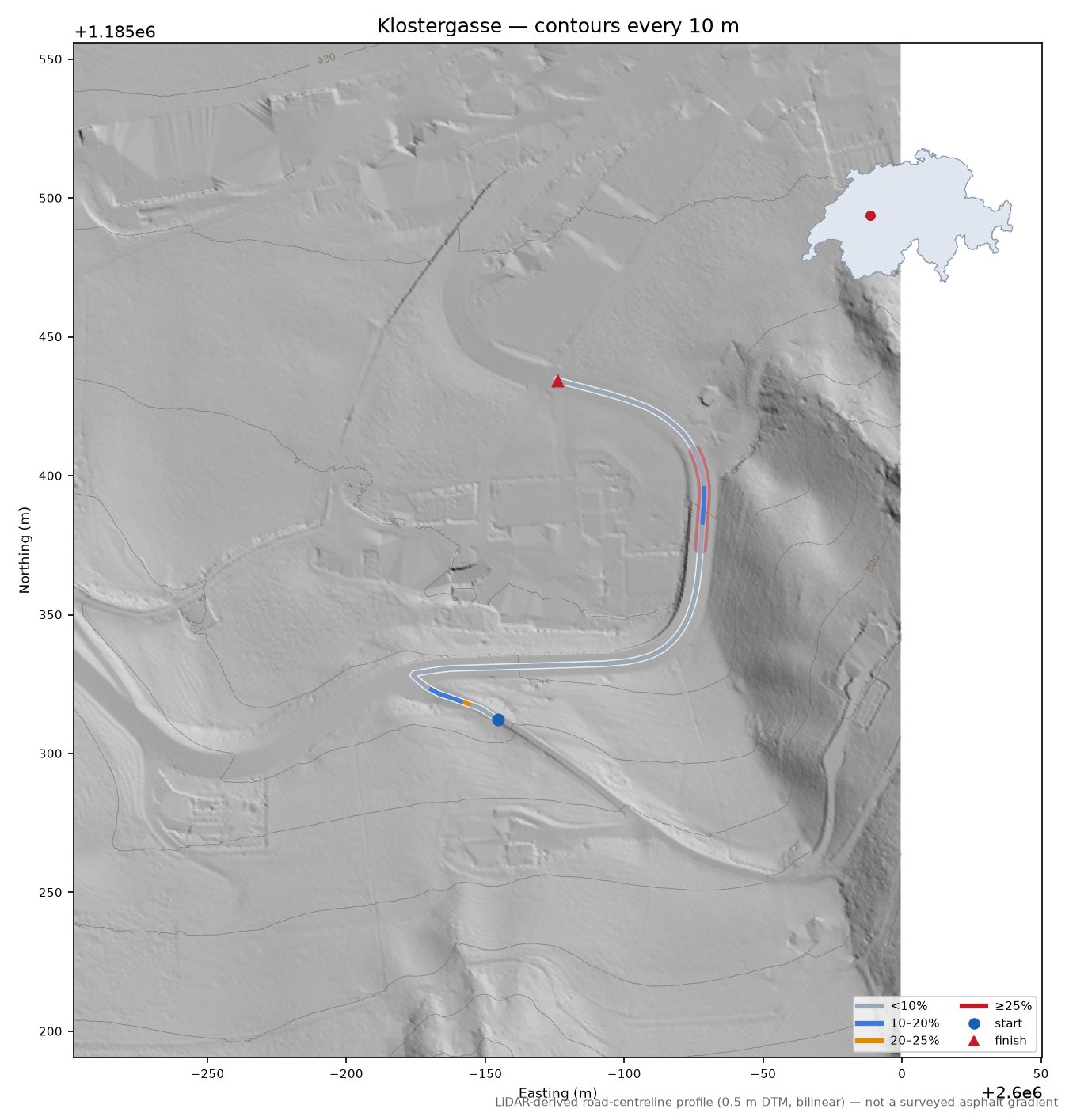 Klostergasse LiDAR hillshade map with contours