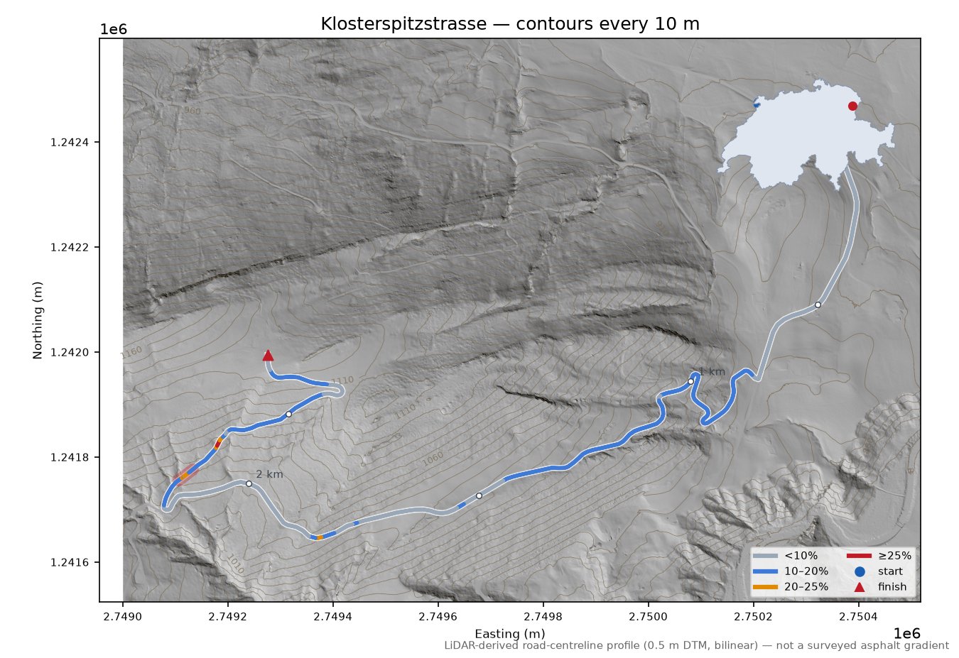 Klosterspitzstrasse LiDAR hillshade map with contours